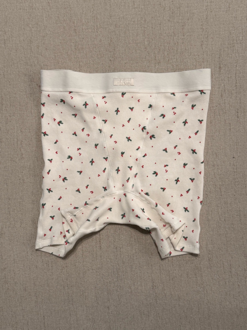 SKIMS White Ribbed Boxer Briefs with Red & Green Ditsy Floral Print holiday